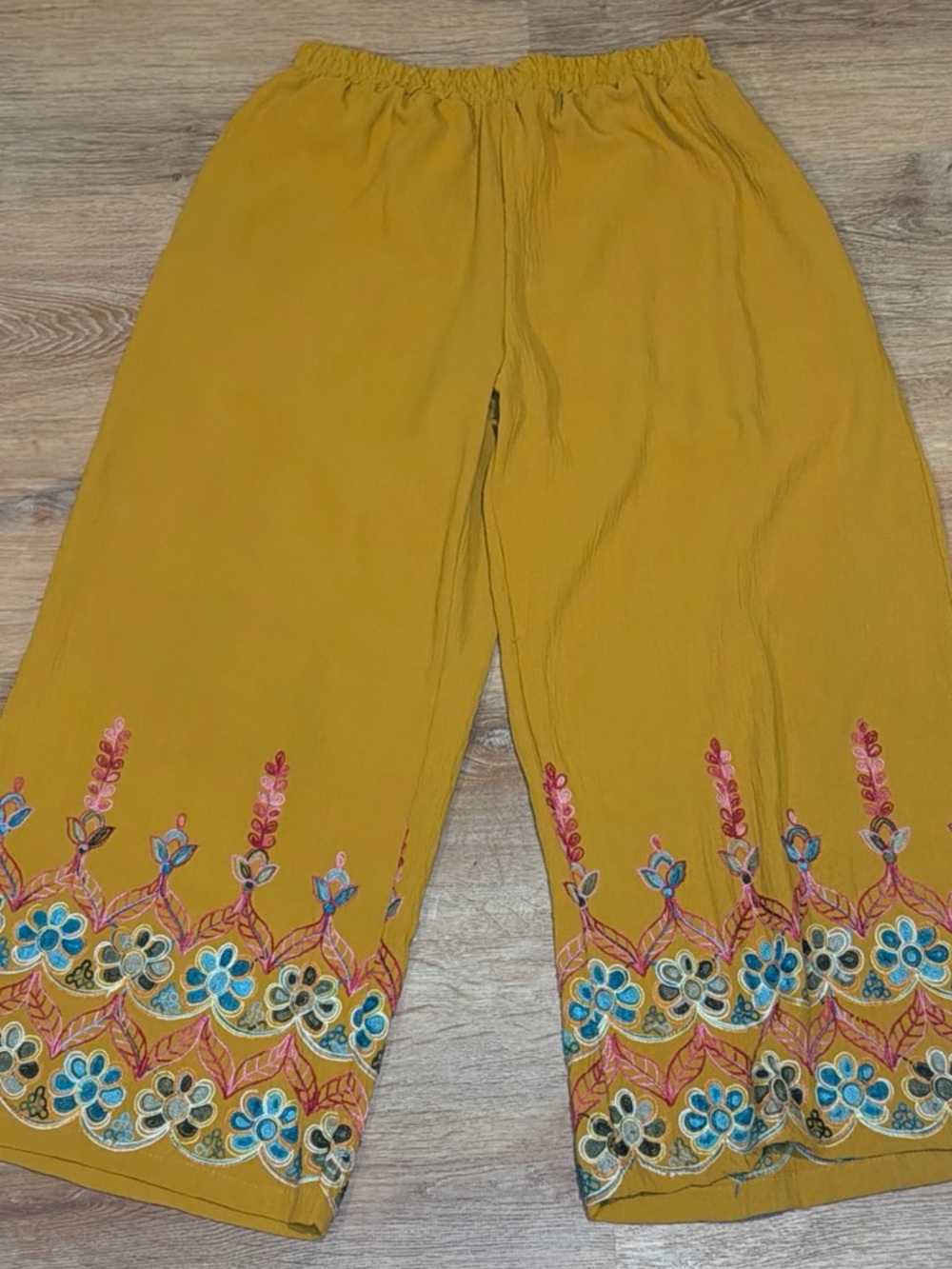 Mustard Embroidered Wide-Leg Trousers